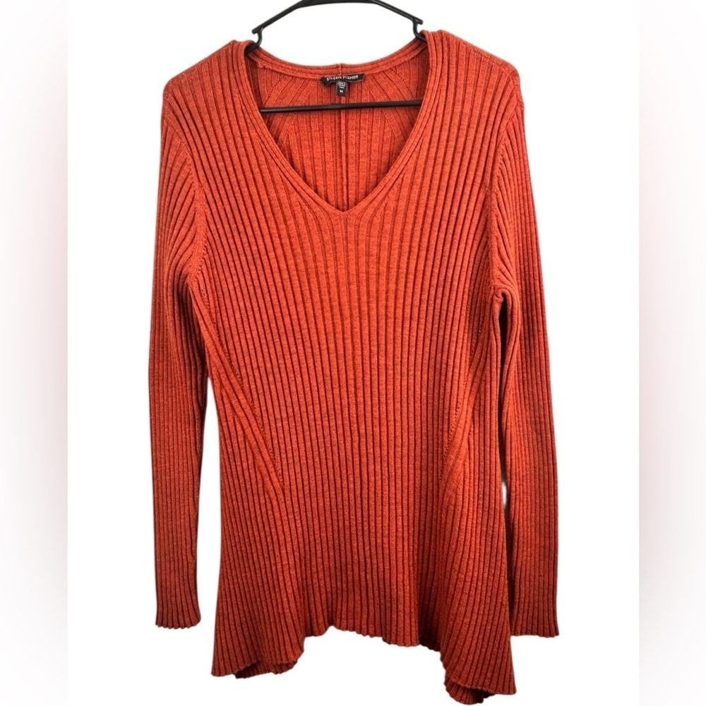 Eileen Fisher Merino wool V-neck Ribbed Tunic Sweater Size M Burnt Orange - Picture 2 of 12